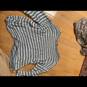 Blue and white stripped sheer sweater with slit sleeves